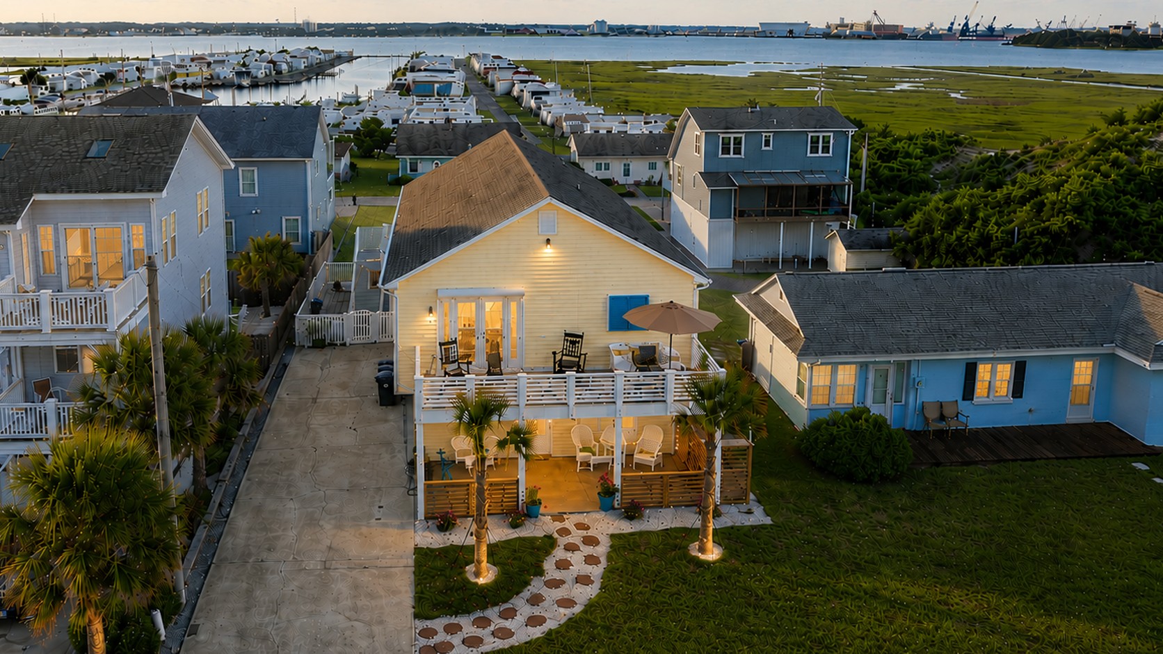 Aerial dusk view of 205 Barefoot Lane and the surrounding marsh and marina