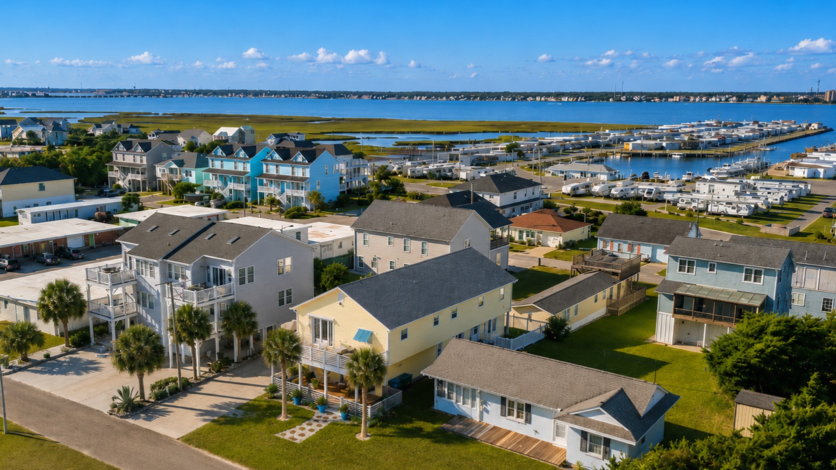 Aerial view of Atlantic Beach homes, marina, and RV storage near the property