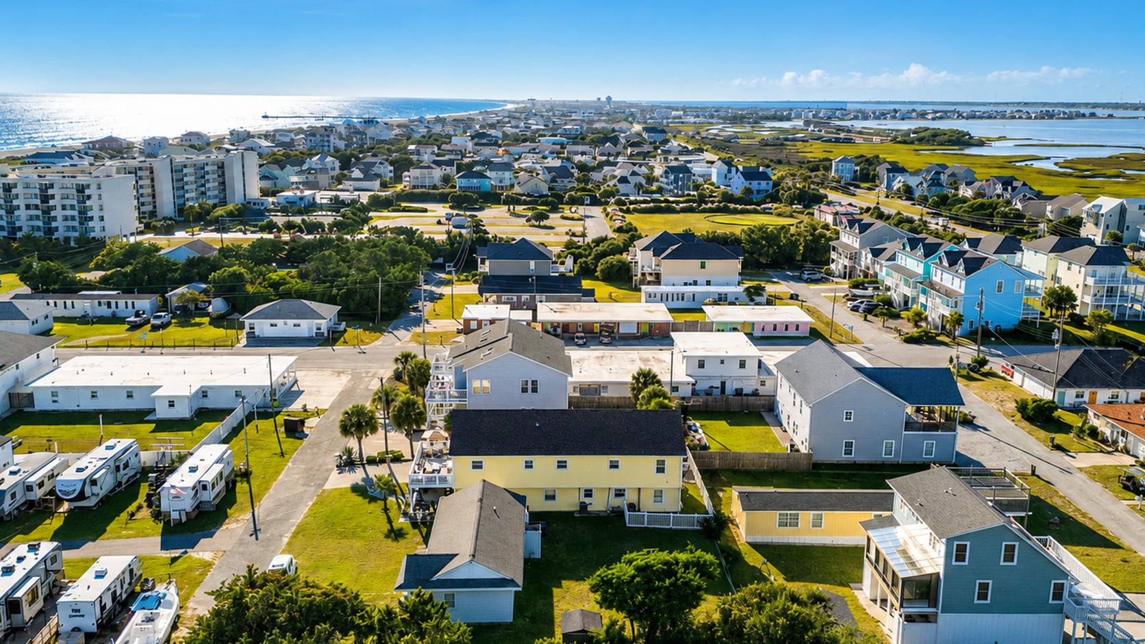 Wide aerial view of the Atlantic Beach coastline near the property