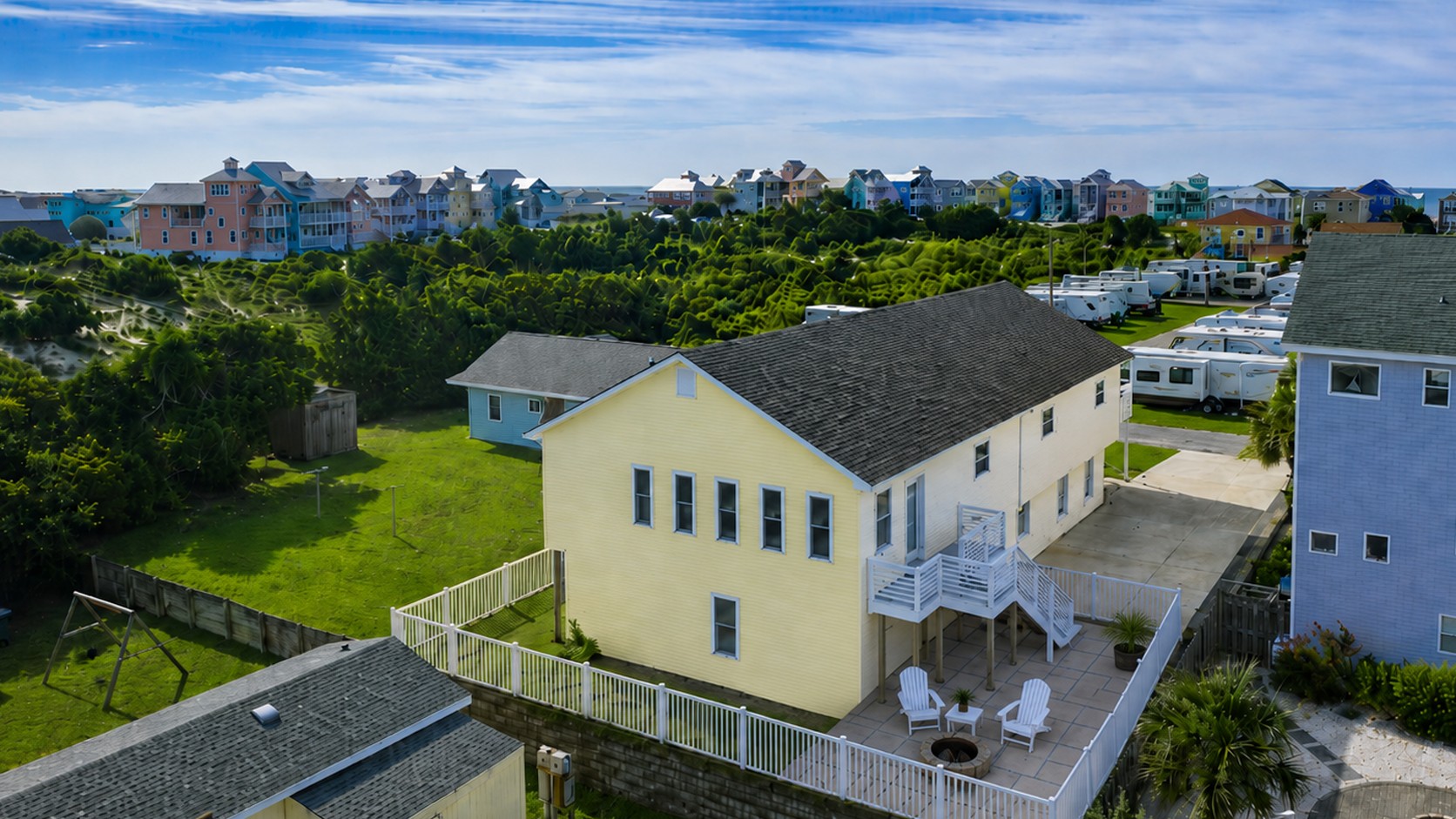 Aerial view of 205 Barefoot Lane and the surrounding Atlantic Beach neighborhood