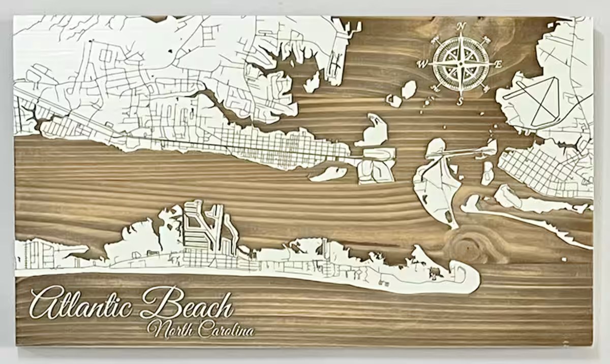 Wood-carved Atlantic Beach North Carolina map art