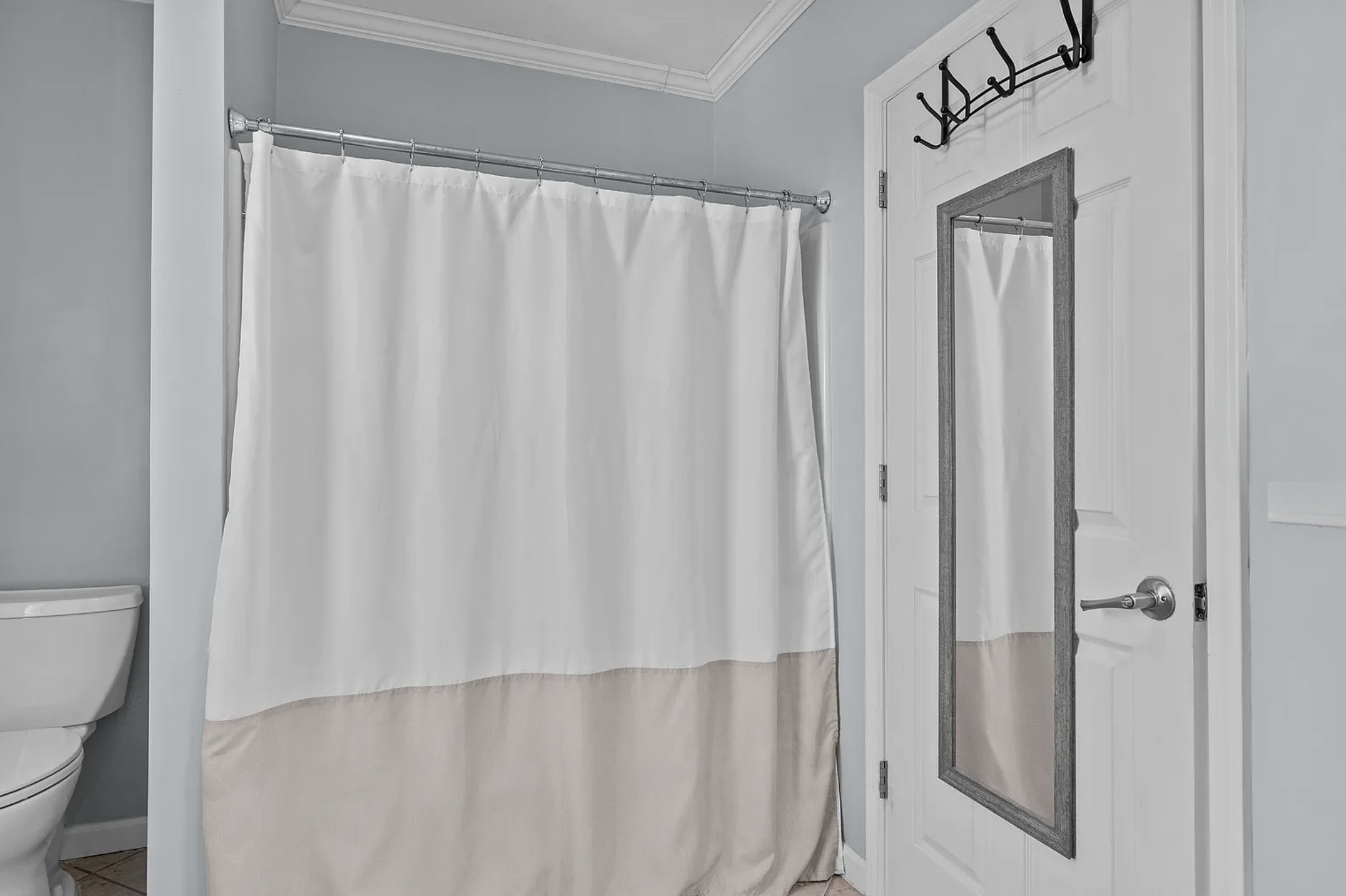 Bathroom shower curtain with toilet and door to hallway