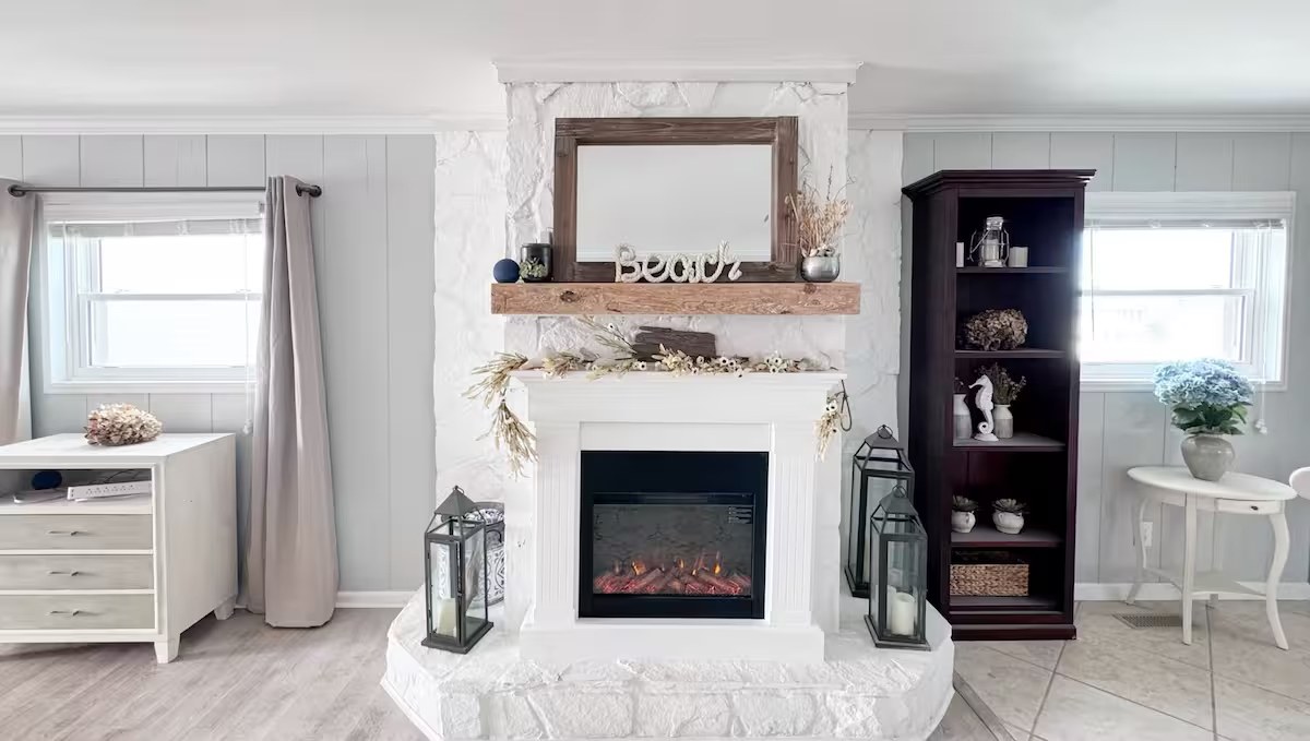 Living room with sliding barn door and whale wall art